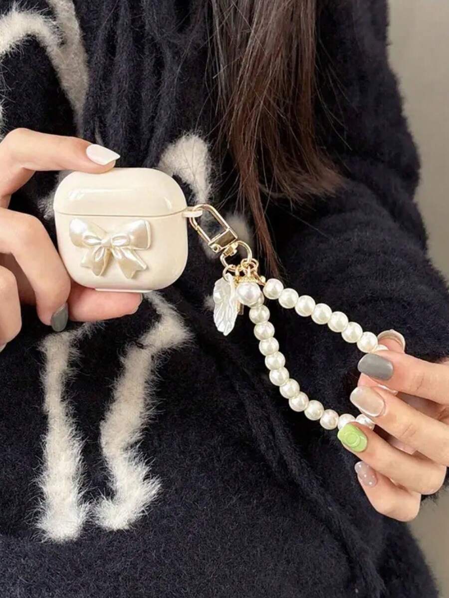 1pc Minimalist White Bow + Pearl Decor Apple Bluetooth Wireless Earphone Case Compatible With Series - Multicolor - View 1