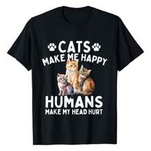 Cats Make Me Happy Humans Make My Head Hurt - Cat Lover T-Shirt Women's Plus Size Graphic Tee - 黑色 - 查看 1