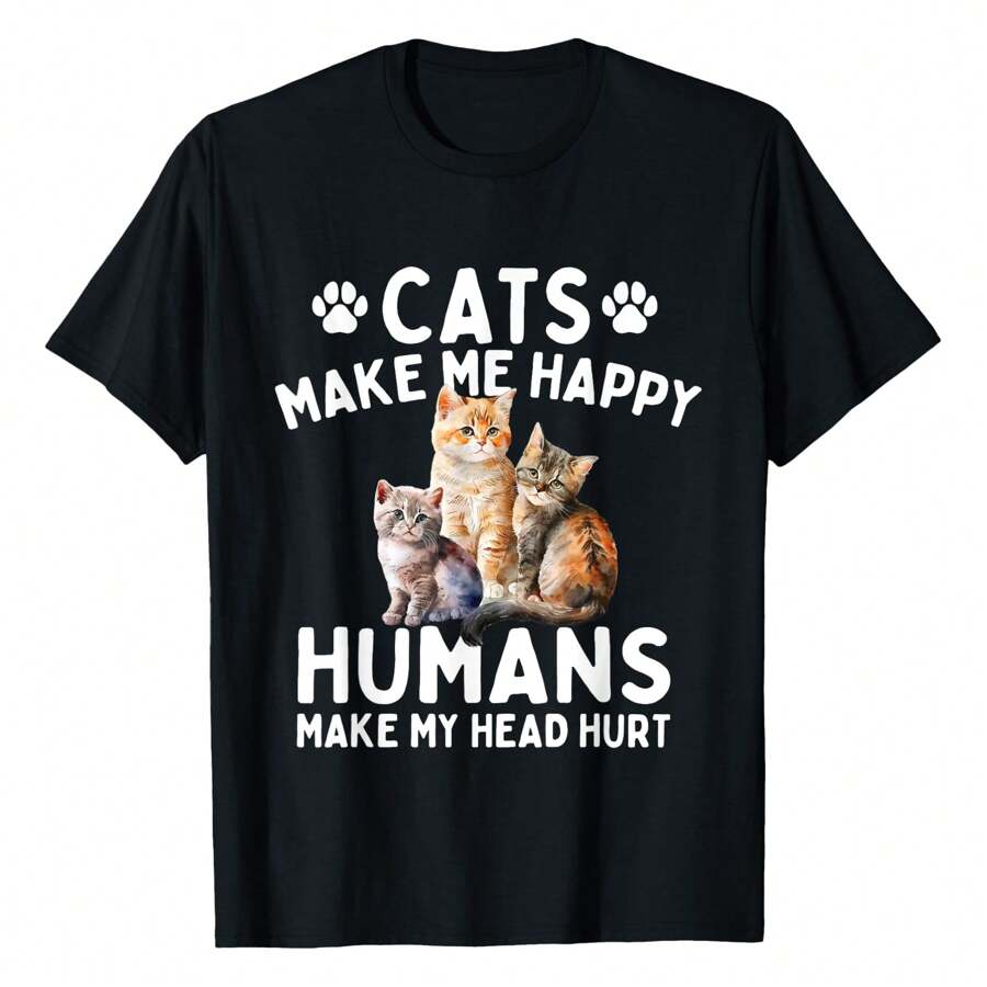 Cats Make Me Happy Humans Make My Head Hurt - Cat Lover T-Shirt Women's Plus Size Graphic Tee - 黑色 - 查看 1