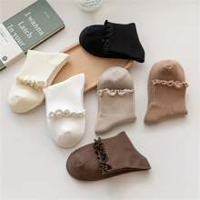 1/3/6 Pairs Mid-Calf Socks For Women, Ruffled Trim & Floral Pattern, Versatile For Spring, Fall & Winter - Multicolor - View 5