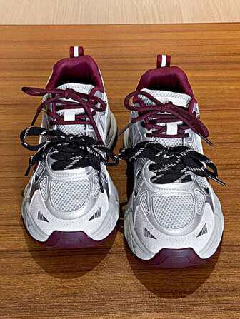 2025春夏新款韩版情侣厚底运动鞋女运动跑步鞋休闲厚底运动鞋酒红色时尚女鞋银红舒适时尚跑步鞋女士户外鞋透气网眼面料