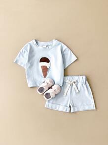 2 件套婴儿/幼儿男女款休闲冰淇淋拼布短袖 T 恤和短裤夏季服装