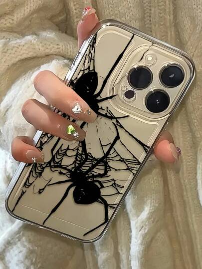 1pc Space Black Spider Graphic Full Coverage TPU Shockproof Phone Case Compatible With IPhone 16, 15, 14, 13, 12, 11 Pro Max, Series