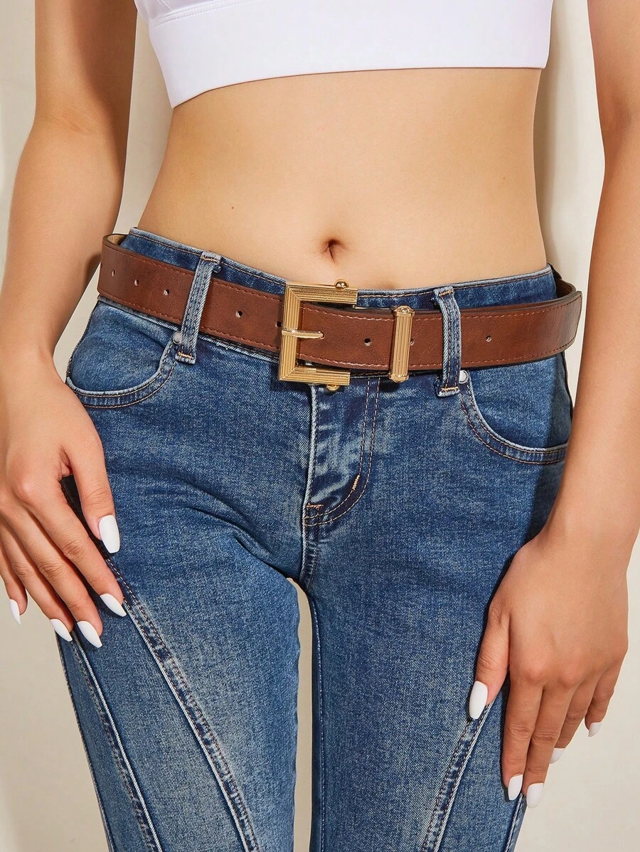 1 chiếc thắt lưng da PU khóa vuông cho nữ, phù hợp với quần - màu nâu - Xem 1