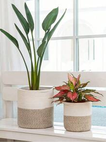 1 pieza Macetero de dos tonos hecho a mano, cesta de almacenamiento decorativa tejida, maceta de flores de jardín de paja, mimbre, ratán o hierba marina