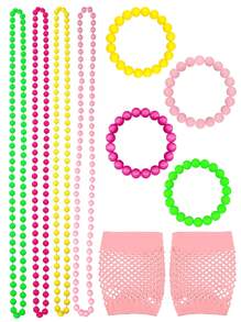 D EXCEED 9 PCS 1980s Costume Accessories Set For Women Neon Party Costume Artificial Bead Necklace Pearl Bracelet Fishnet Gloves Bride Weddings Fancy Dress Party Decorations Gifts Prom - Multicolor - View 16