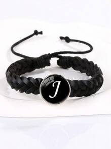 1 chiếc vòng tay bện có thể điều chỉnh khắc chữ cái bằng da đen dành cho nam - màu đen - Xem 18