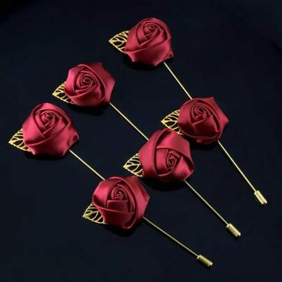 6pcs/Pack Groomsmen Lapel Flower, Silk Rose Brooch For Wedding Bride Bridesmaids, Men's Suit Accessory For Prom