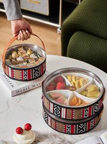 1 件波西米亚风格储物盒托盘，圆形收纳盘，存储空间大，牢不可破，内置隔层，非常适合零食、水果或装饰展示 - 彩色 - 查看 5