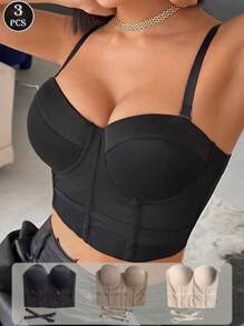 女士多色内衣三件套带钢圈性感露背无缝舒适胸罩