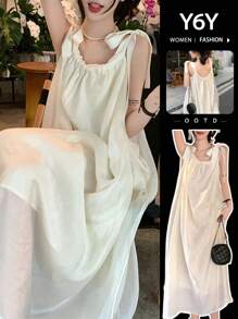 无袖系腰休闲夏季沙滩连衣裙，修身优雅 - 杏色 - 查看 5