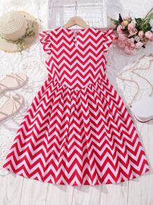 Mädchen Rundhals Flügelärmel Streifenmuster Lässig Skater Kleid, Kleinkind großes Tween-Mädchen