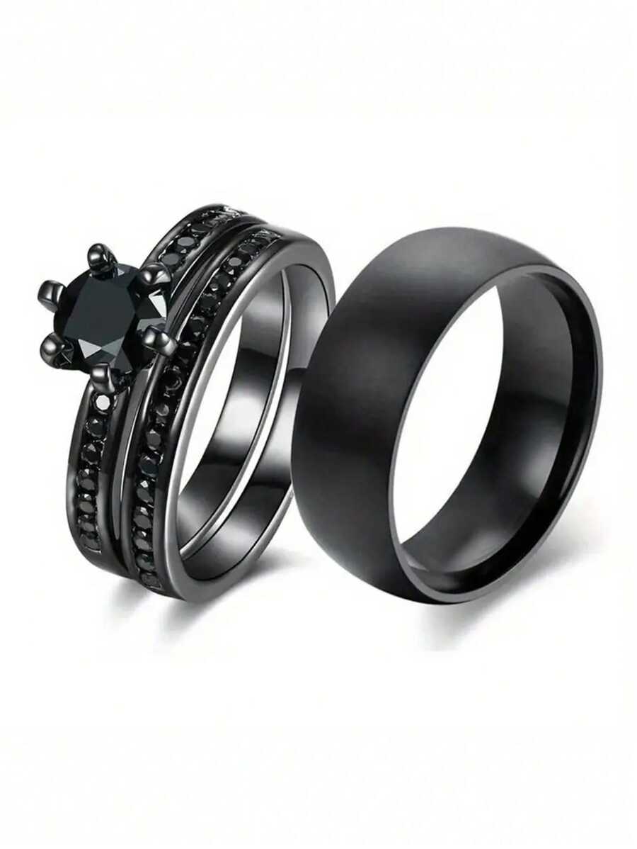 1 件/2 件魅力情侣戒指浪漫女士黑色水钻 CZ 戒指套装时尚男士不锈钢戒指结婚戒指珠宝情侣礼物