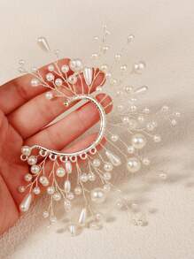 1 Pearl Earring Clip, Bridal Headpiece, Vintage Women's Hair Accessory, Antique Style, High-End Wedding Ear Hook Valentine's Day Accessories - Silver - View 4