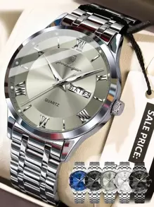 1 pieza Reloj de pulsera de cuarzo de acero inoxidable dorado con estilo de negocios para hombres, con calendario de semana y doble pantalla, resistente al agua 30M, función de manecillas luminosas, reloj casual para hombres con estuche, juego de regalo para hombres