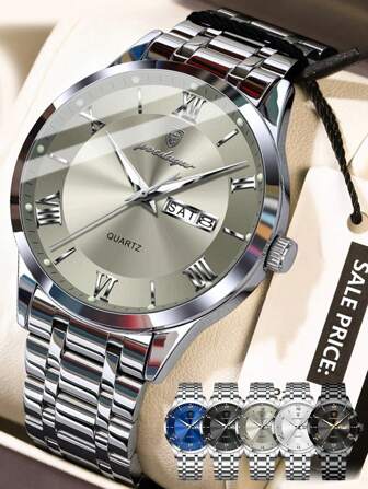 1 件商务时尚男士不锈钢石英腕表，带日历星期双显示，30 米防水，夜光指针功能，男士休闲银色手表，带盒装，男士礼品套装