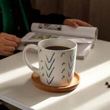 1 件芝麻釉手绘蓝绿陶瓷杯，几何图案牛奶早餐杯，家居伴奏杯 - 默白咖啡杯380ml - 查看 3