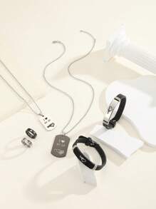 ATLVXJL 6 件/套发光心形“我永远爱我的男朋友/女朋友”字母不锈钢情侣项链、手链、戒指首饰套装、情人节礼物、日常佩戴、妈妈、母亲、母亲节、礼物 - 彩色 - 查看 7