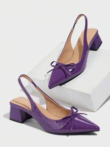 Women's Bowknot Accent Solid Color Pointed Toe Closed Back High Heel Shoes, Fashion & Comfortable Slip-On Pumps, Elegant For Daily Commute, Party, Wedding, Formal Occasion, Suitable For Autumn/Winter, Purple