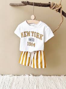 2Pcs/Set Newborn Infant Baby Boys Girls Casual Letter Print Short Sleeve Top + Striped Shorts, Summer