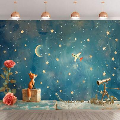 1 小狐狸星空聚光灯套装横幅，适用于室内外多功能摄影背景，非常适合生日、周年纪念日、家居装饰和派对，适用于摄影、客厅、卧室和办公室墙壁装饰