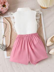 2pcs/Set Girls Elegant Floral Lace Splicing Sleeveless Blouse & Asymmetrical Hem Skirt, Spring/Summer
