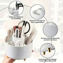 360° Rotating Makeup Organizer - Plastic Cosmetic Storage Box With 5 Compartments - Multifunctional Stand For Brushes, Lipsticks, Skincare And Stationery - Odorless Desk Storage Box, Luxury Striped Design (Makeup Tools Not Included)Summer Travel,Vacation