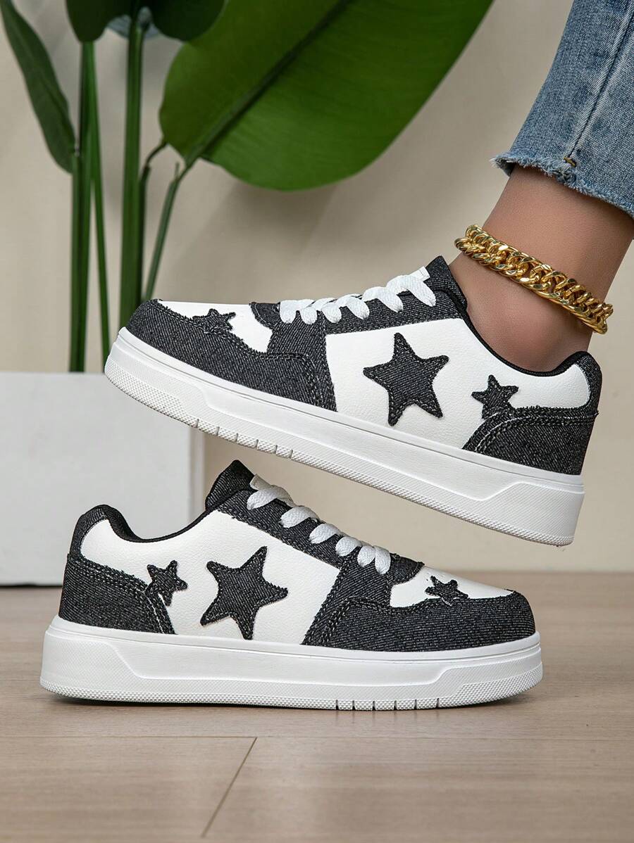 Women's Lightweight Fashion Two-Tone Denim Platform Sneakers, Casual Sporty White Shoes For All Seasons