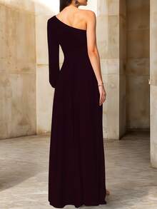 Casual Off Shoulder Leg Slit Dress - Vino - 查看 4