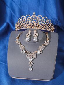 4 件优雅奢华水钻女王水晶皇冠项链耳环发饰套装，新娘婚礼头饰，女士公主舞会派对头饰