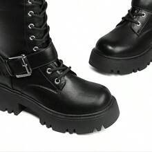 Women's Combat Riding Platform Knee High Boots, Lace Up Fall Lug Sole Gothic Motorcycle Boots With Inside Zipper, 2025 Style - 黑色 - 查看 8