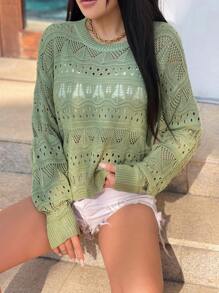 Damen lässiges locker geschnittenes Pullover-Top aus Eisseidengewebe mit Hohlmuster, Sommer Strandüberwurf Langarmshirt