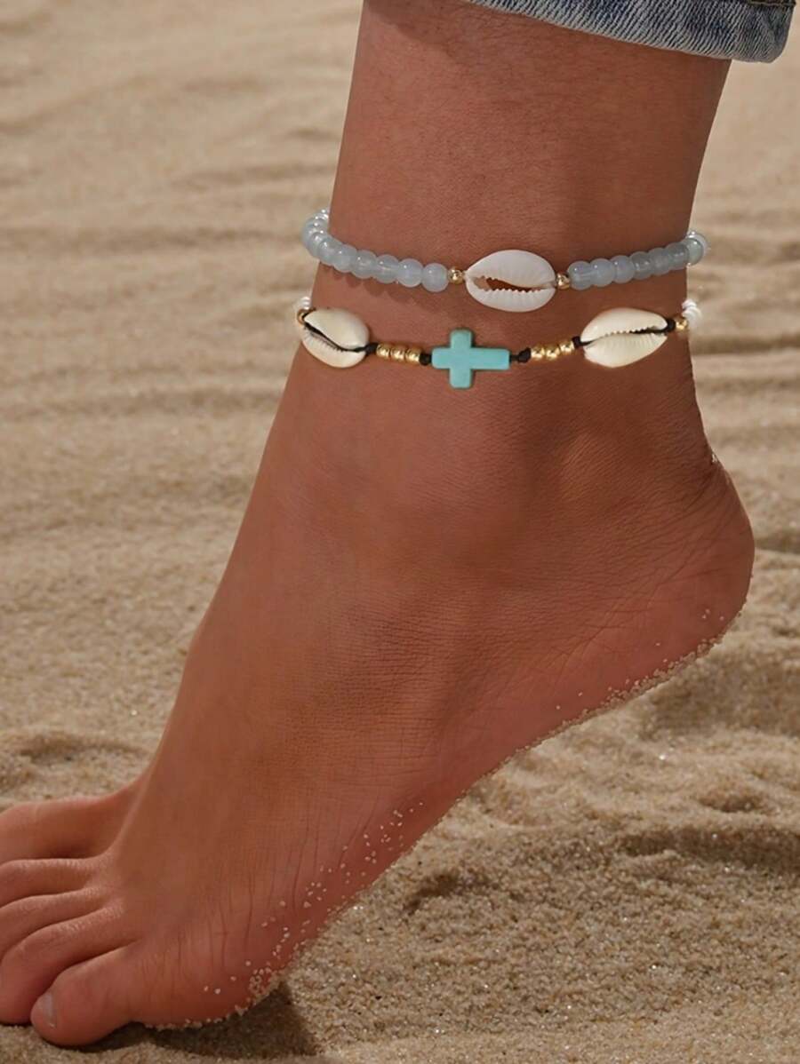 2pcs Retro Turquoise Cross & Shell Woven Adjustable Anklet, Acrylic Beaded Women Beach Jewelry Set - Beige - View 1
