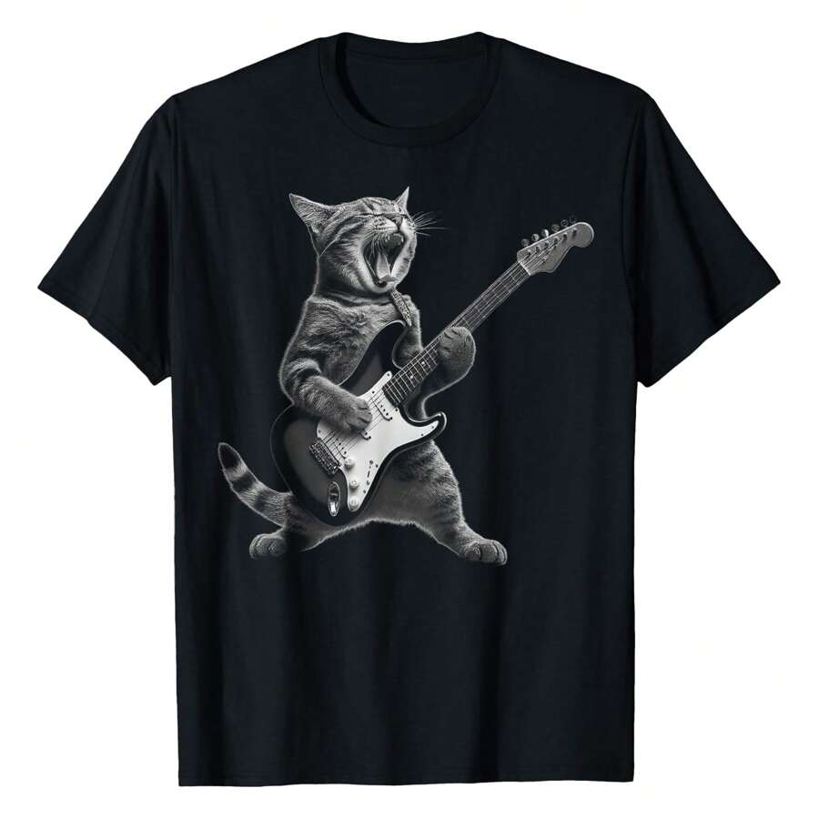 Cat Playing Guitar Rock Star Rock And Roll For Women Women T-Shirt Women's Plus Size T-Shirts, Fun Casual Comfort Outdoor T-Shirts - 黑色 - 查看 1