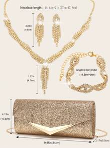 Rhinestone Jewelry Rhinestone Jewelry Set Sparkling Necklace Earrings Bracelet Set Elegant Women's Evening Dress Handbag Envelope Bag Handbag Sparkling Glitter Women's Handbag V-Shaped Metal Flip Bag Wedding Party Handbag Cocktail Party Wedding New Wallet Banquet Bag Evening Dress Women's Bridal Evening Dress Ball - Gold - View 10