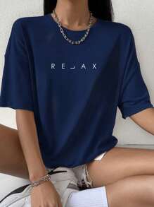 Women's Oversized T-Shirt With Relax Print, Fashion , 100% Cotton - 藏蓝色 - 查看 1