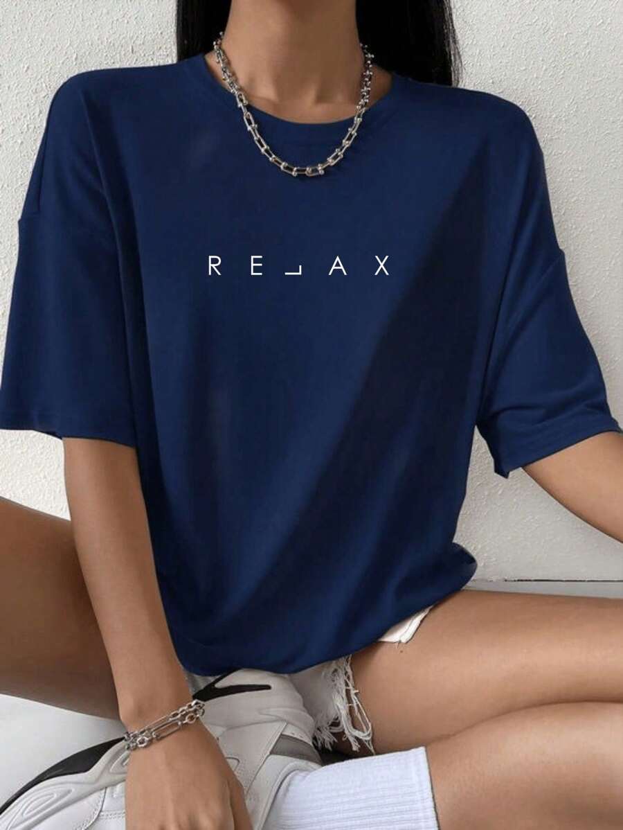 Women's Oversized T-Shirt With Relax Print, Fashion , 100% Cotton - 藏蓝色 - 查看 1