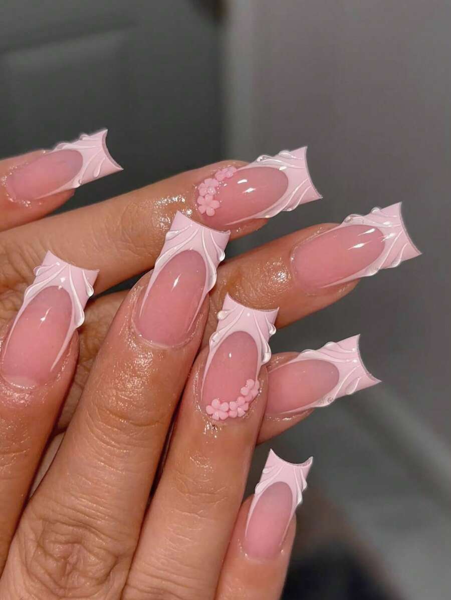 Bộ 24 miếng dán móng tay hình hoa vuông 3D bằng gel, thiết kế kiểu móng Pháp màu trắng, vừa vặn hoàn hảo với móng giả, bao gồm 1 miếng gel dẻo và 1 dũa móng, thích hợp cho phụ nữ và các cô gái sử dụng hàng ngày và dự tiệc. - Nhiều màu - Xem 1