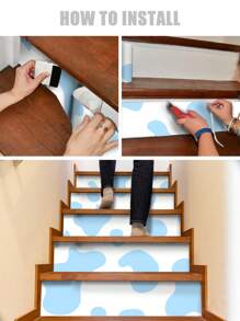 7/14/21pcs Black & Blue Cow Print Stair Stickers, Self-Adhesive Thick Removable DIY Stair Tread Decals, Suitable For Kids Room, Nursery, Activity Room Stairs Decoration, Renovation, Size: 6.97*41.73inch