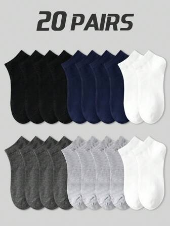 20 件纯色短袜，黑色/白色/灰色，男女皆宜，简约舒适，适合春、夏、秋、冬