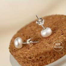 1 Pair 6-7mm Small S925 Silver Natural Freshwater Pearl Stud Earrings - Simple Elegance Flat Round - Versatile Daily Banquet Dress Stud Earrings