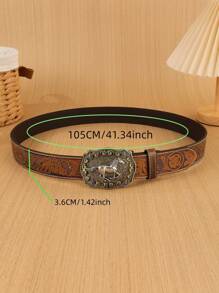 1pc Unisex Retro Western Cowboy Animal Buckle Embossed PU Leather Belt, Fashionable All-Match Suitable For Jeans, Skirts And Year-Round Wear