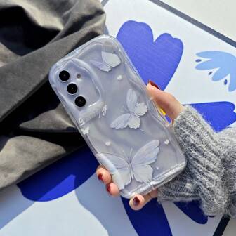1 件蓝色和银色羽毛蝴蝶可爱个性化创意清新飘逸美丽创新欧美紫蓝色，透明 3D 波浪全覆盖防摔手机壳兼容三星/Camon/20/2022/2023/2024/Infinix/Smart/6/7/Pop/Pro/Hot/12/I/Play/30/Note/VIP/OPPO/A17/A38/A58/A78/Reno/10/11/VIVO/V27/E/V25/V29/Honor/90/Lite 防水防震防刮