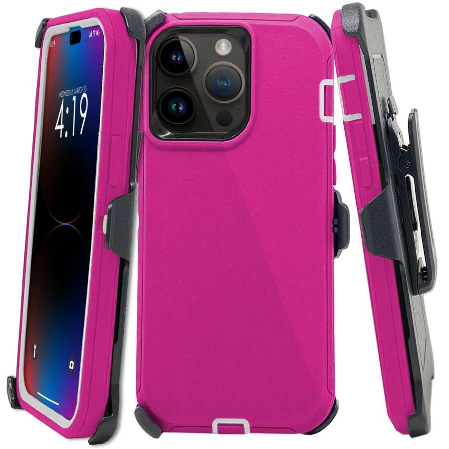 Rugged Shockproof Defender Phone Case Compatible With IPhone 17 / 16 / 15 / 14 / 13 / 12 / 11 / Plus / Pro / Pro Max / With Belt Clip - Pink - View 1