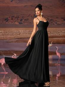 AOSHABABI 黑色纯色垂褶雪纺优雅女士晚礼服，适合各种正式场合，如晚宴、婚礼、音乐会、节日、毕业典礼、鸡尾酒会、约会、度假、伴娘礼服、派对礼服，以及春季婚礼宾客礼服。 - 黑色 - 查看 7