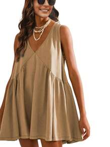 Women's Summer Sleeveless Mini Dress Casual Loose V Neck Sundress With Pockets - Màu Khaki - Xem 1