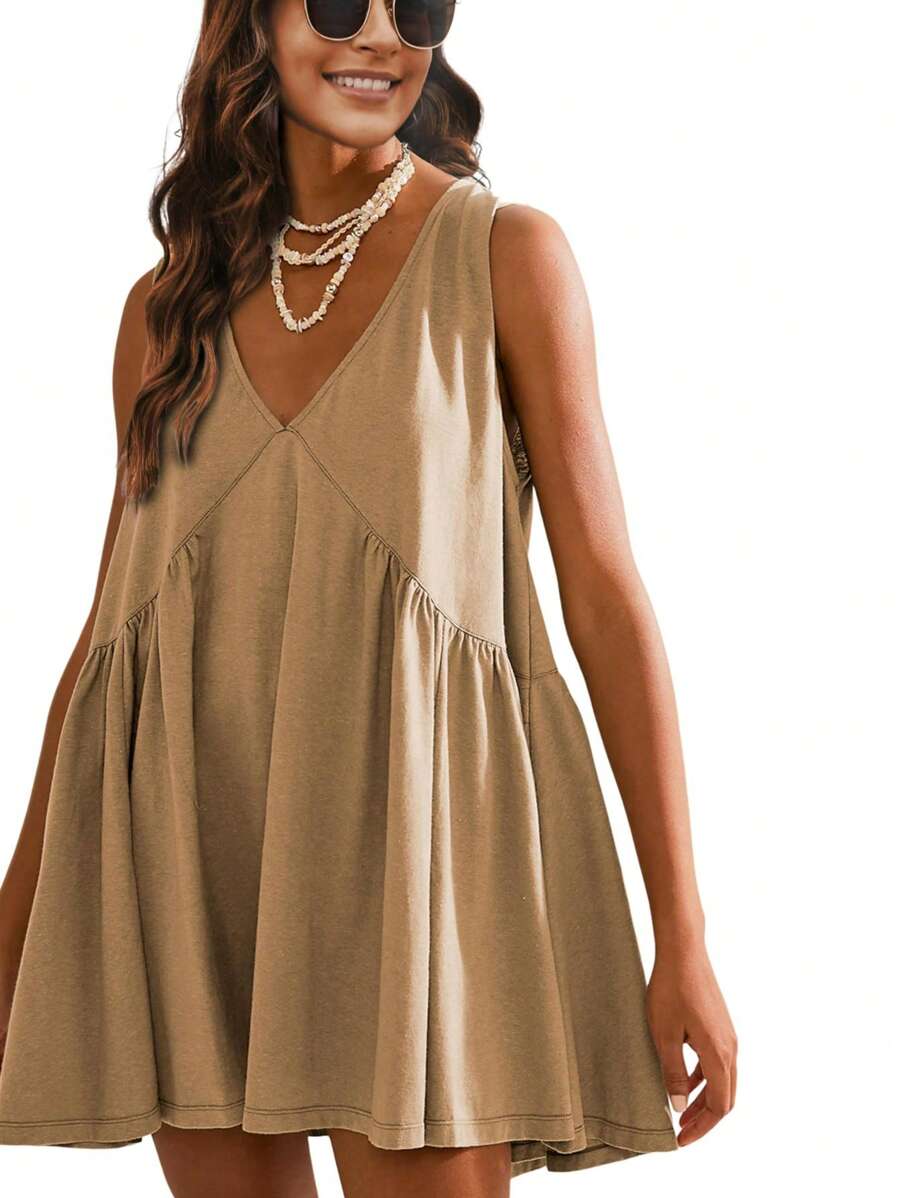 Women's Summer Sleeveless Mini Dress Casual Loose V Neck Sundress With Pockets - Màu Khaki - Xem 1