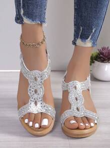 2022 Spring & Summer Women Rhinestone Embellished Peep Toe Comfortable Versatile Wedge Roman Style Sandals - Silver - View 2