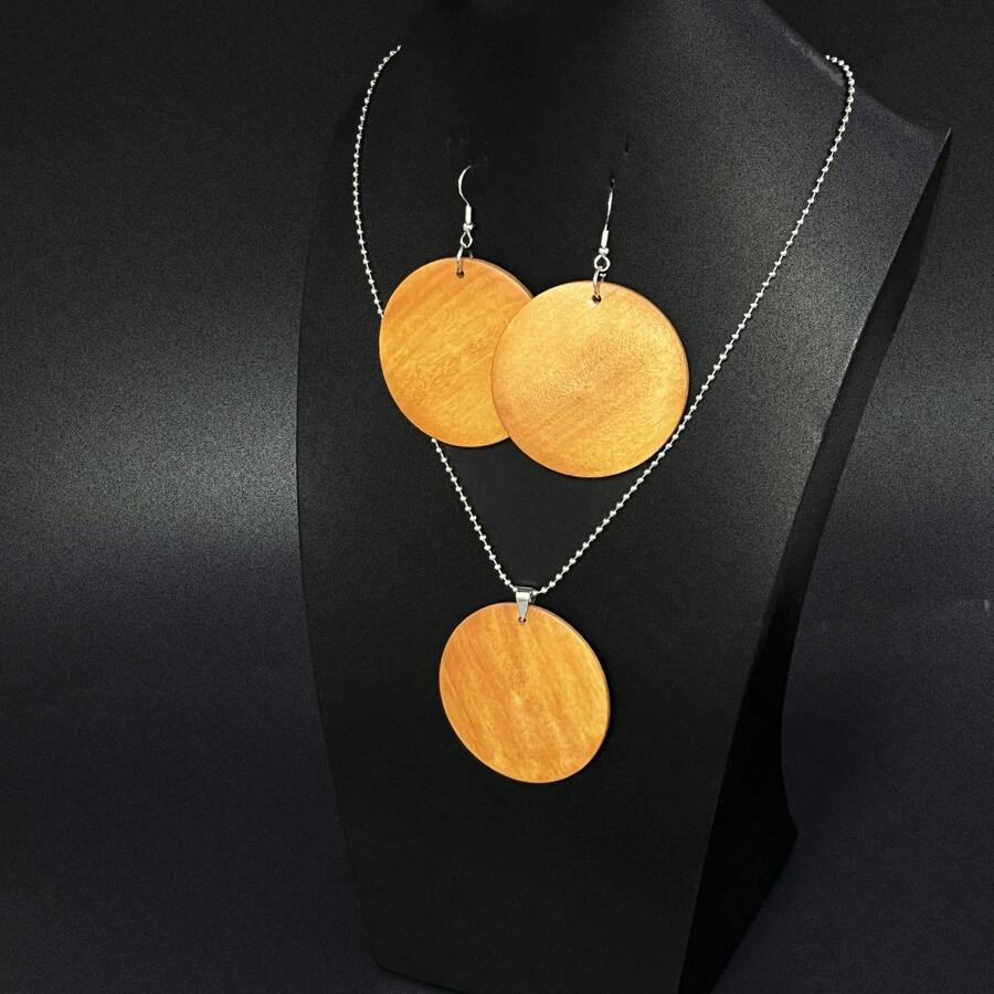 Brown Wooden Round Jewelry Set: Earrings + Necklace, Vintage , Suitable For Daily And Outdoor Wear, Exquisite Gift - Brown - View 1