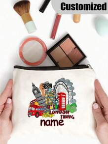 [定制] 涤纶伦敦设计女士化妆包 - 防水、大容量、个性化名字、无香、便携式拉链化妆包、旅行必备品、旅行爱好者的礼物 - 专属礼物